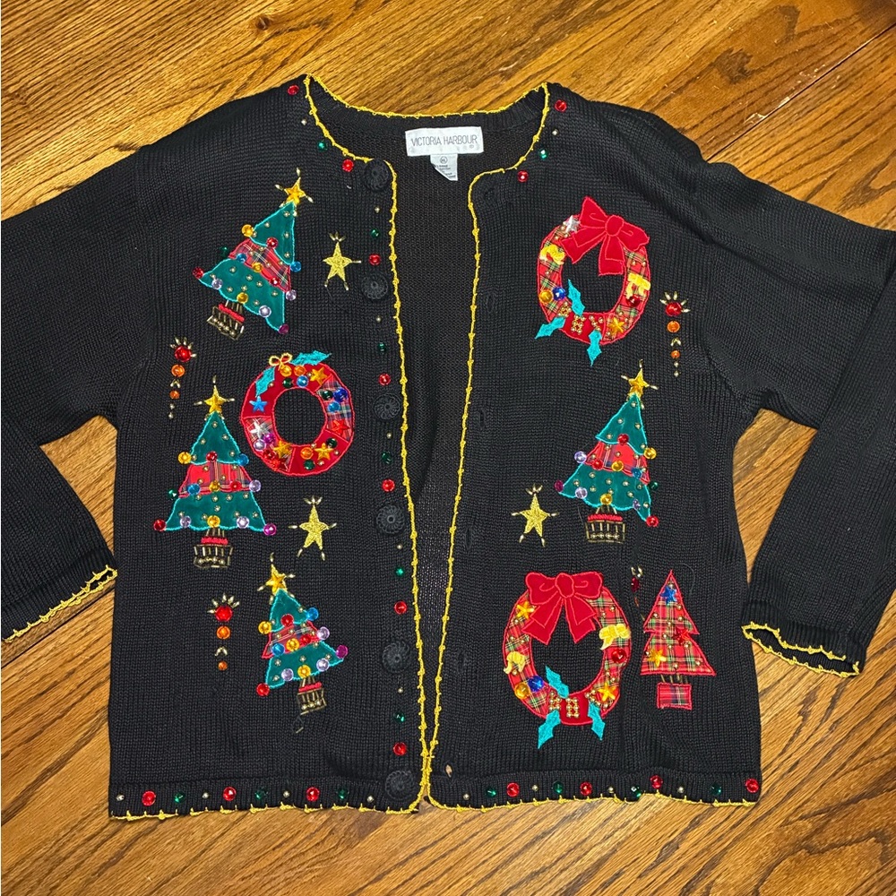 Victoria Harbour Womens XL Christmas Cardigan Sweater Black‎ Embellished Holiday